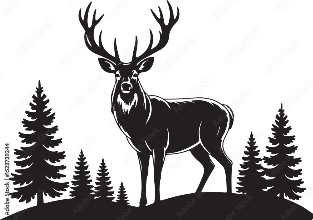 Obraz premium Mountain Deer Silhouette Clipart – Rustic Wildlife Vector ArtMajestic Deer Silhouette – Mountain and Forest Scene DesignWild Mountain Deer SVG Bundle – Cricut Cut Files for OutdoorsDeer with Ant