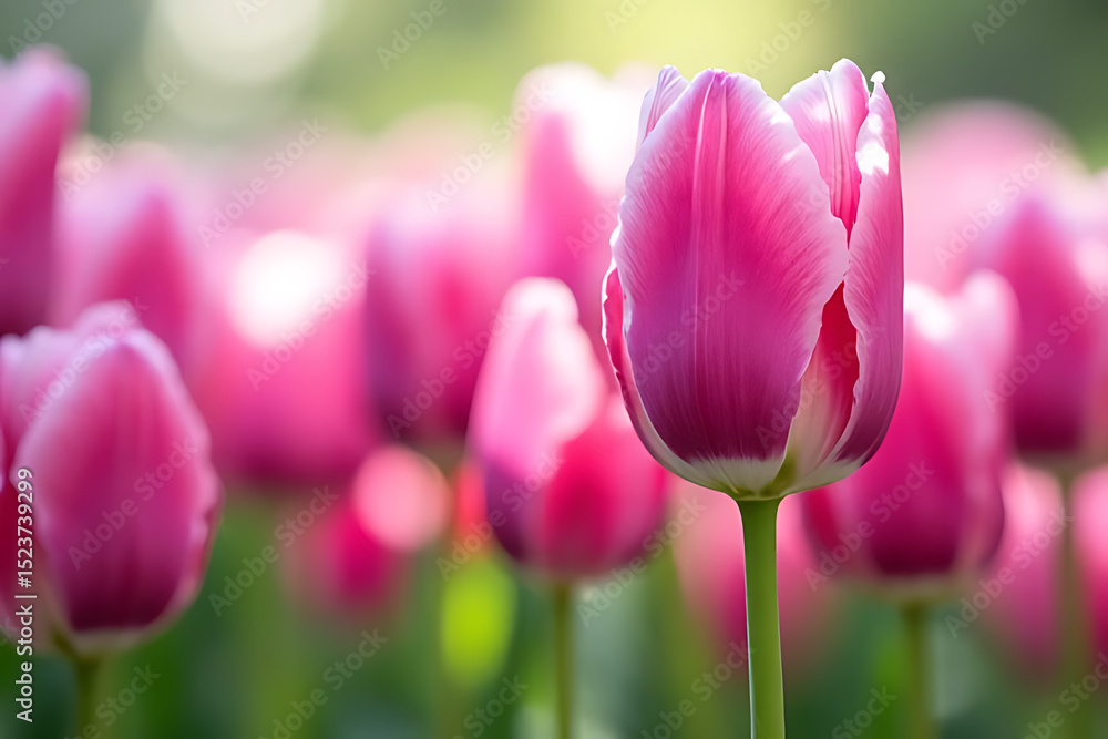 Fototapeta premium Clean and vibrant composition of blooming tulips in harmonious pink and purple hues in a bright, peaceful garden 