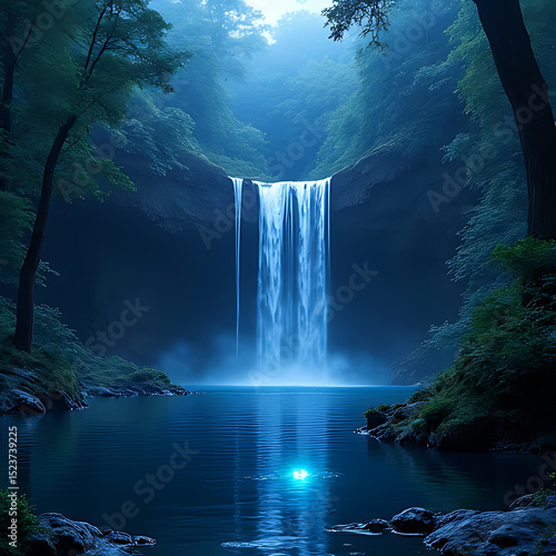 Fototapeta Naklejka Na Ścianę i Meble -  Fantasy night scene of a small sacred lake and a shimmering waterfall in a deep alien forest, glowing water, vivid colors