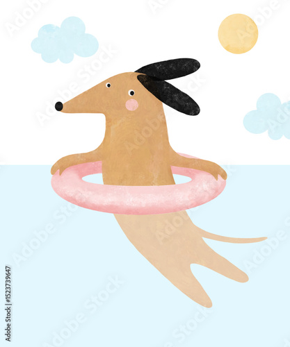 Cute Happy Dog Swimming In A Pool With A Pink Inflatable Wheel. Lovely Hand Drawn Vector Illustration Of Funny Puppy Playing In The Water. Dog On Summer Vacation Playing In The Water.