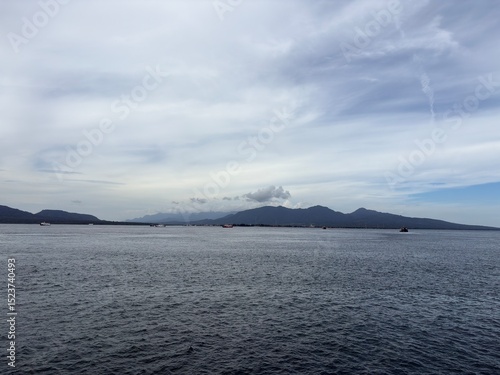 Wallpaper Mural Boats anchored in calm water near a distant port or coastline under a cloudy sky. Torontodigital.ca
