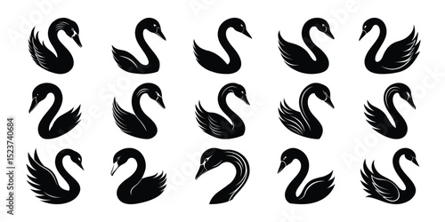 Fototapeta Naklejka Na Ścianę i Meble -  Elegant Black Swan Silhouette Set – Graceful Bird Poses for Logo, Tattoo, and Decorative Use