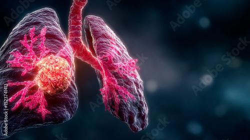 Illustration of human lungs with a cancerous tumor growth and bronchial tree anatomy view.