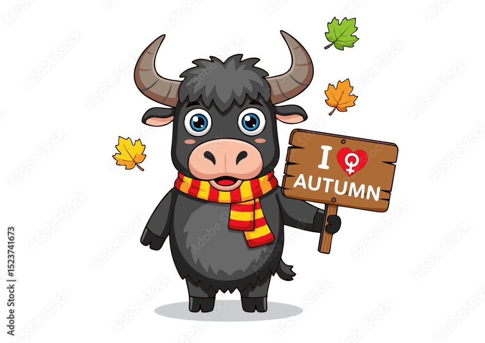 Naklejka premium Adorable Autumn Yak Cartoon Illustration A Cute, Cozy Character Embracing Fall's Charm with a Wooden Sign