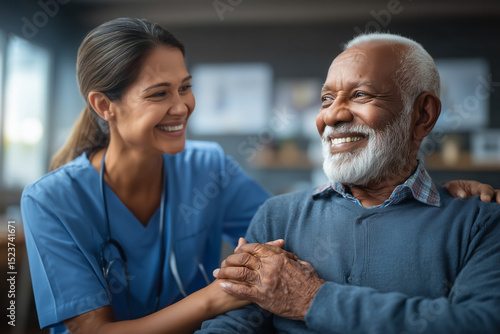 An empathetic healthcare professional provides support to a senior patient. The focus is on the moment of care and trust, captured with natural and authentic lighting.