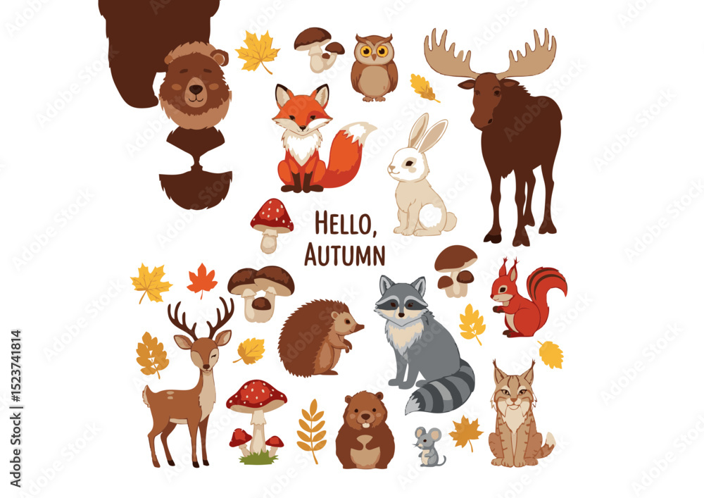 Fototapeta premium Adorable Autumn Animals Cute Forest Creatures Illustration Featuring Deer, Fox, Owl, and More!