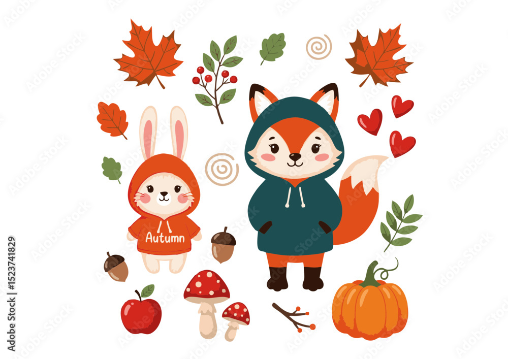 Fototapeta premium Adorable Autumn Animals Fox and Bunny in Hoodies with Fall Elements Illustration