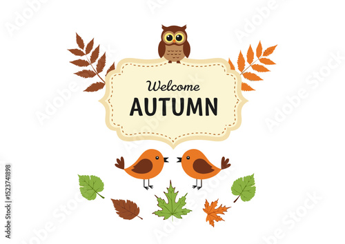 Adorable Autumn Illustration Welcome Fall with Owls and Birds Amidst Colorful Leaves