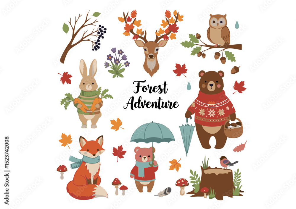 Fototapeta premium Charming Autumn Forest Animals Cute Illustrations of Deer, Bear, Rabbit, Fox & Owl for Fall Designs
