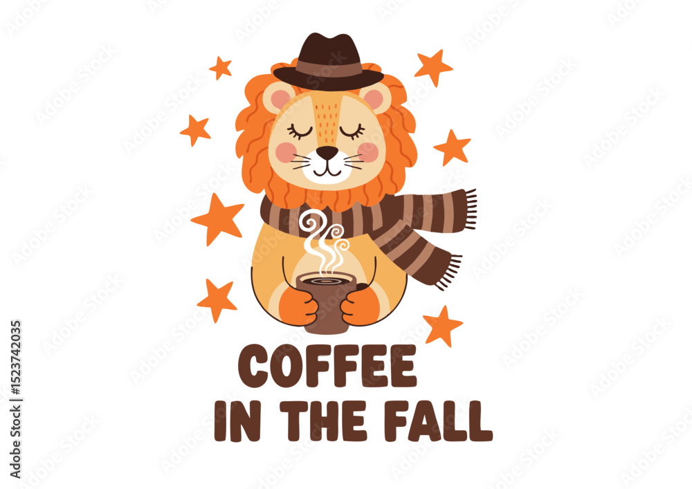 Fototapeta premium Adorable Lion Enjoying Coffee in the Fall Cozy Autumn Illustration