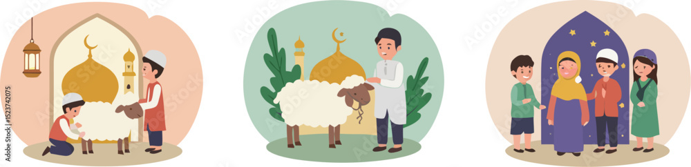 Cartoon flat vector illustrations of a set of colorful Eid al Adha Cartoon flat vector illustrations of a set of colorful Eid al Adha