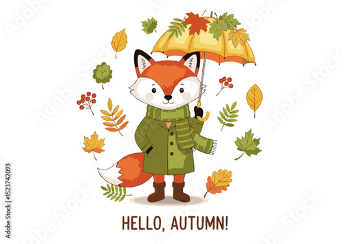 Adorable Autumn Fox in Coat and Boots Holding Umbrella,  Falling Leaves Illustration