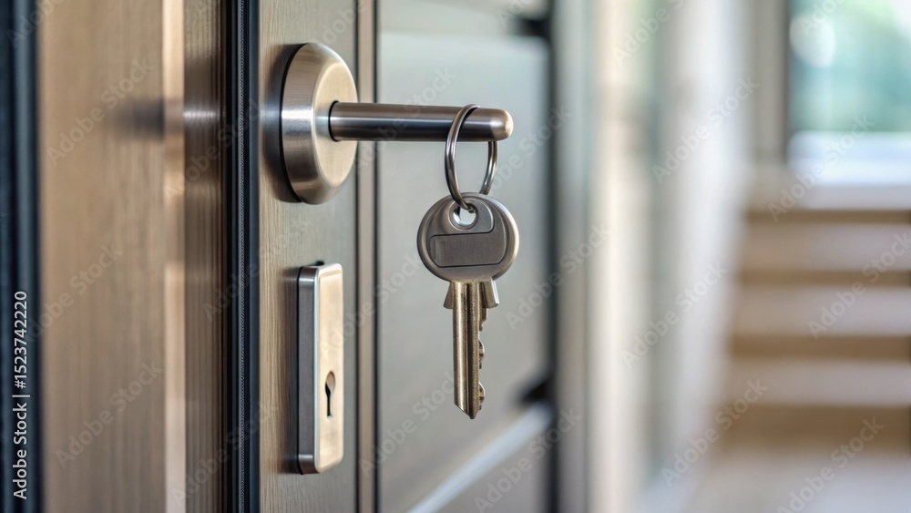 A key is inserted into a modern door lock, suggesting security and access to a stylish interior space. A key is inserted into a modern door lock, suggesting security and access to a stylish interior space.