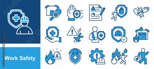 Work Safety icon set with hazard, risk, prevention, protection, accident, emergency, injury, first aid, evacuation and fire.