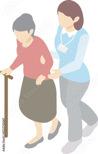 アイソメトリック　介護　福祉　医療　人物　女性　看護師　介護福祉士　シニア　高齢者　イラスト
