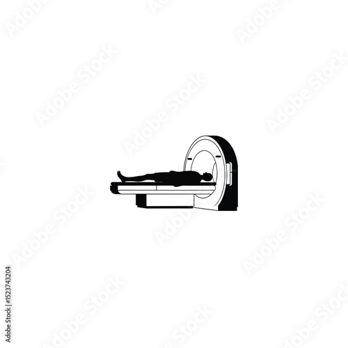 Minimalist silhouette of a CT scanner with a horizontal bed on white background