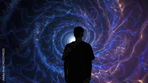 Figure stares into the infinite void, regret etched across their face. A slow dissolve into abstract entropy—evoking loss, introspection, and the drift into nothingness