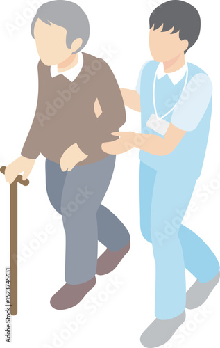アイソメトリック　介護　福祉　医療　人物　男性　看護師　介護福祉士　シニア　高齢者　イラスト