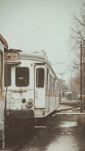 Wallpaper Mural Vintage trains at the station, showing the coupling of the cars with a muted color palette in an old-fashioned depot during overcast day. Torontodigital.ca
