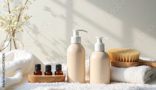 Beige skincare and bath products on a white towel, perfect for spa or home wellness.