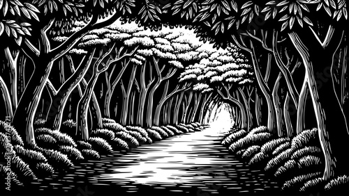 Black and white sketch vector of a narrow forest path with overhanging branches and thick foliage