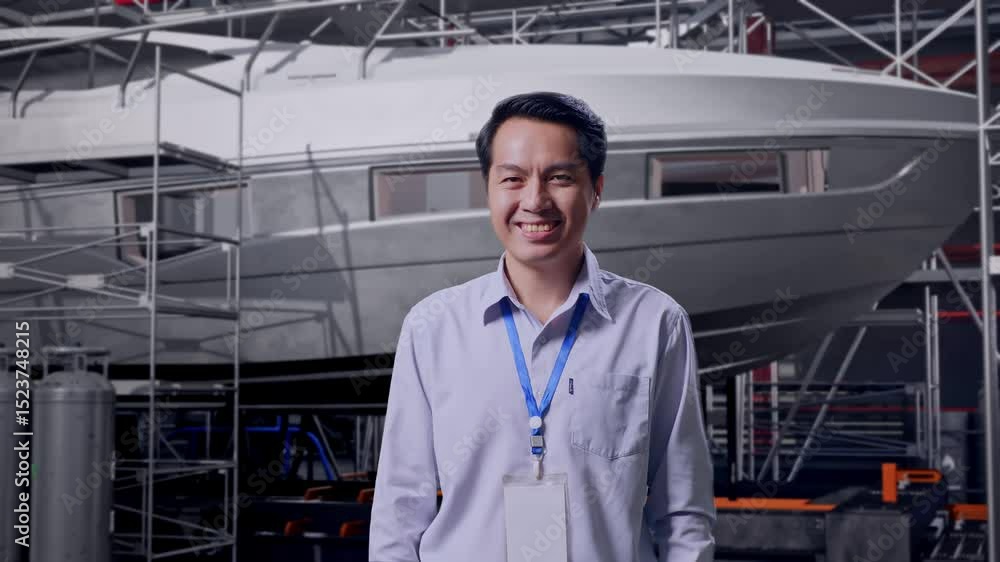 Shot Captures Of An Asian Male Professional Worker Standing with Yacht Construction in Modern Shipyard, His Broad Smile At The Camera Shot Captures Of An Asian Male Professional Worker Standing with Yacht Construction in Modern Shipyard, His Broad Smile At The Camera