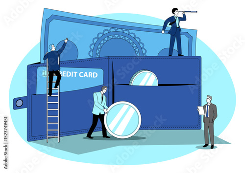 Business concept illustration of businessmen arranging money in giant wallet, treasury, cash and credit, money management concept