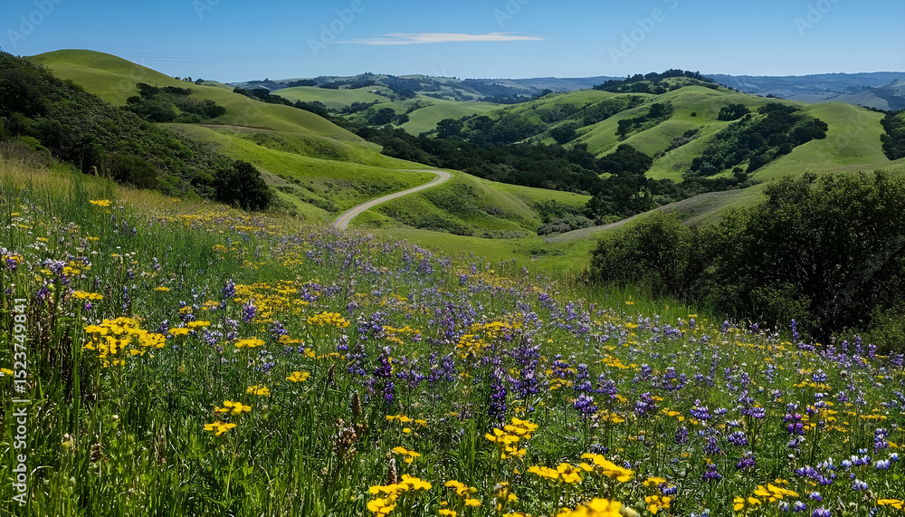 Obraz premium Scenic Winding Road Through Rolling Hills and Wildflowers, Representing Journeys and Outdoor Adventure, Ideal for Travel and Tourism Campaigns