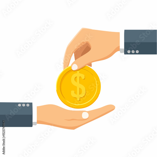 Coin transaction: A detailed, flat-design illustration of a monetary transaction shows a hand offering a golden coin to another hand, symbolizing a financial deal or exchange.