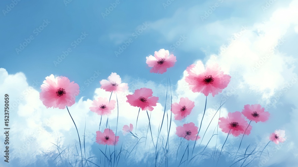 Obraz premium Gentle clouds and a serene sky encircle two watercolor poppies as they reach for the sky
