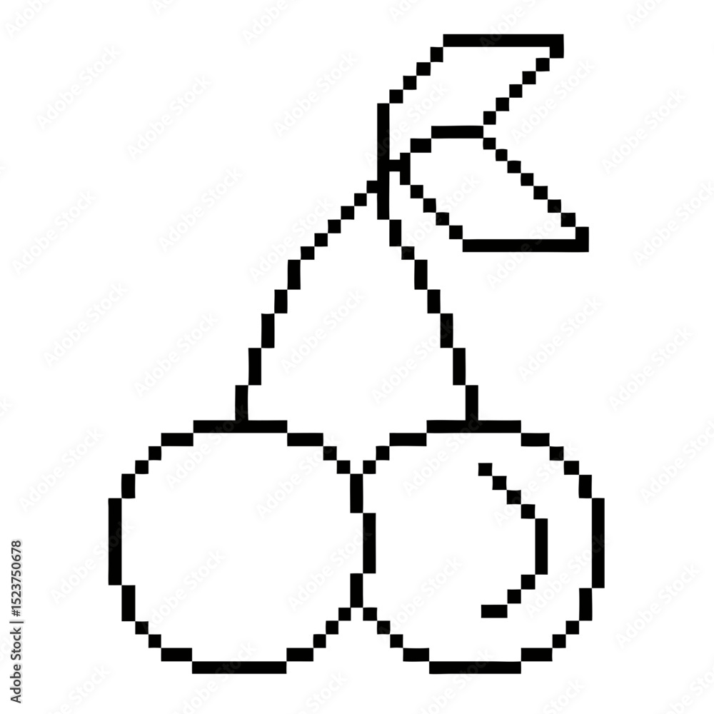 Fototapeta premium Two cherries with a leaf in pixel outline art on a transparent background