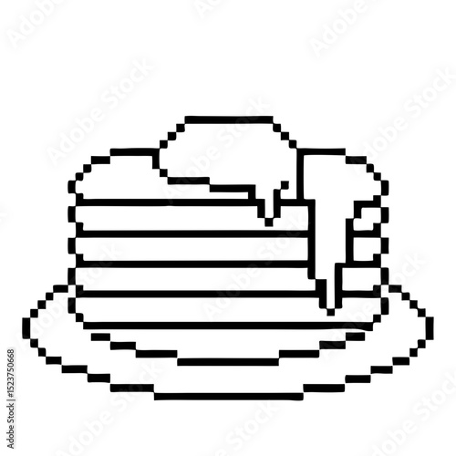 Stack of pancakes drizzled with maple syrup on a plate in pixel outline design