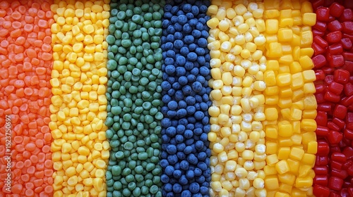 Colorful rows of fresh fruits and vegetables arranged in vertical stripes, creating a vibrant and visually appealing pattern