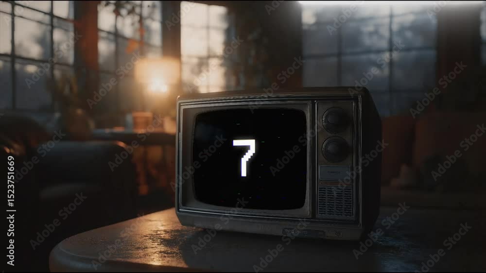 Green screen old vintage tv in an old dust-covered living room with countdown numbers from 10 to 0, Old retro Vintage TV movie timer, animation looping video background