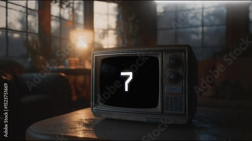 Green screen old vintage tv in an old dust-covered living room with countdown numbers from 10 to 0, Old retro Vintage TV movie timer, animation looping video background
