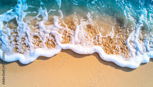waves on the beach, view of a sandy beach with a gentle ocean wave washing ashore. The soft foam contrasts with the fine sand, peaceful coastal scene, smooth sand in the foreground, gentle ocean wave