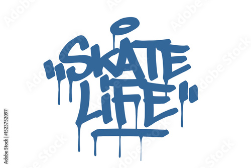 Graffiti tag text "Skate Life" in bold blue urban style with skateboard vibe. Hand-drawn lettering with raw spray paint texture. Perfect for streetwear, posters, merch, and edgy visuals.
