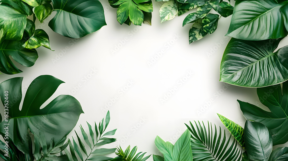 Fototapeta premium Minimalist botanical concept vibrant green leaves on pure white background - top view nature imagery