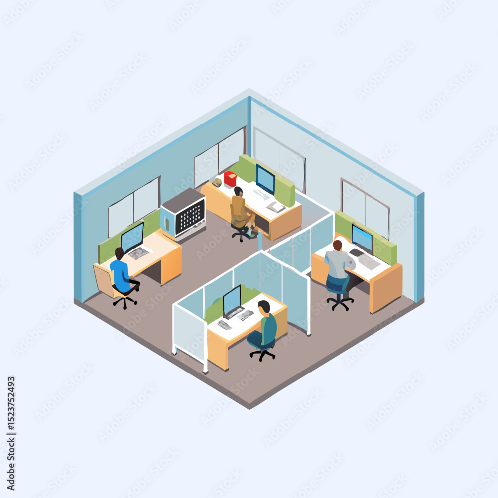 Isometric View of a Modern Office Environment with Employees Isometric View of a Modern Office Environment with Employees