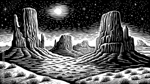 Black and white sketch vector of a moonlit desert with tall rock formations and starry sky