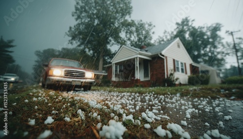 Hailstorm hits suburban street.