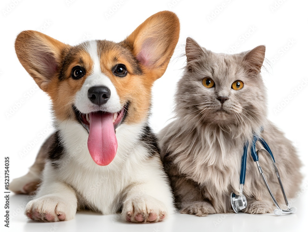 Obraz premium A fluffy gray cat with a stethoscope sits next to a smiling corgi puppy dog on a white background scene.