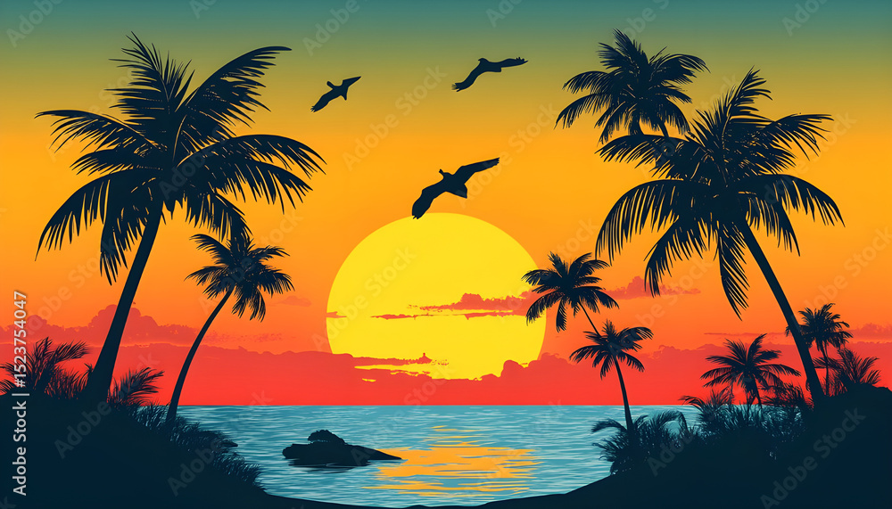 Silhouette of palm trees at tropical sunrise or sunset Silhouette of palm trees at tropical sunrise or sunset