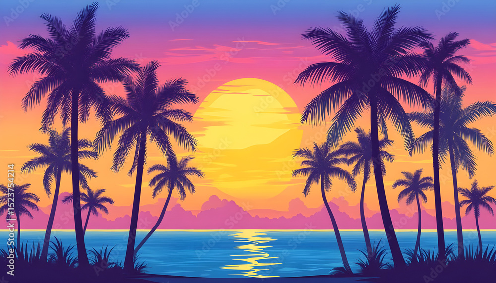 Naklejka premium Silhouette of palm trees at tropical sunrise or sunset