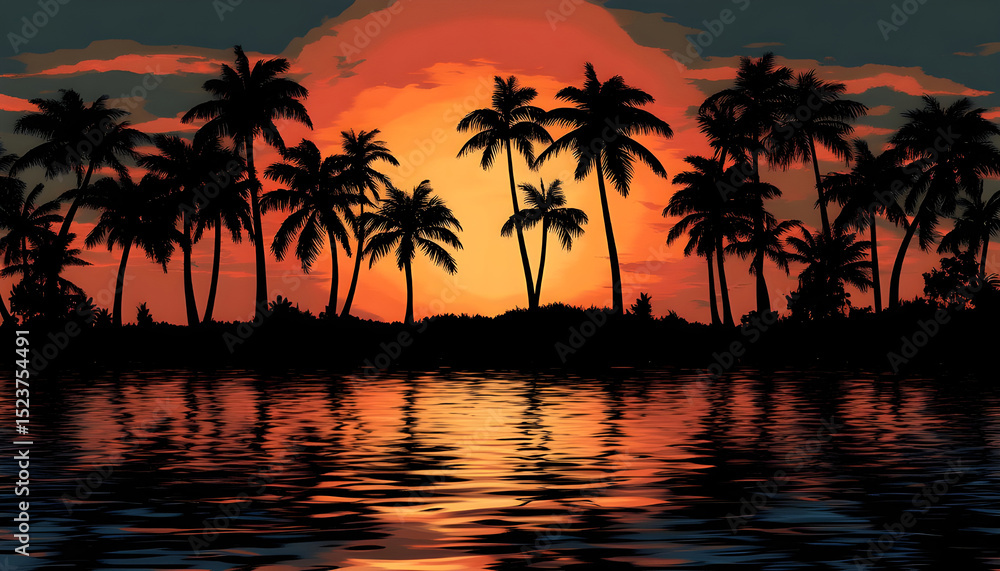Fototapeta premium Silhouette of palm trees at tropical sunrise or sunset
