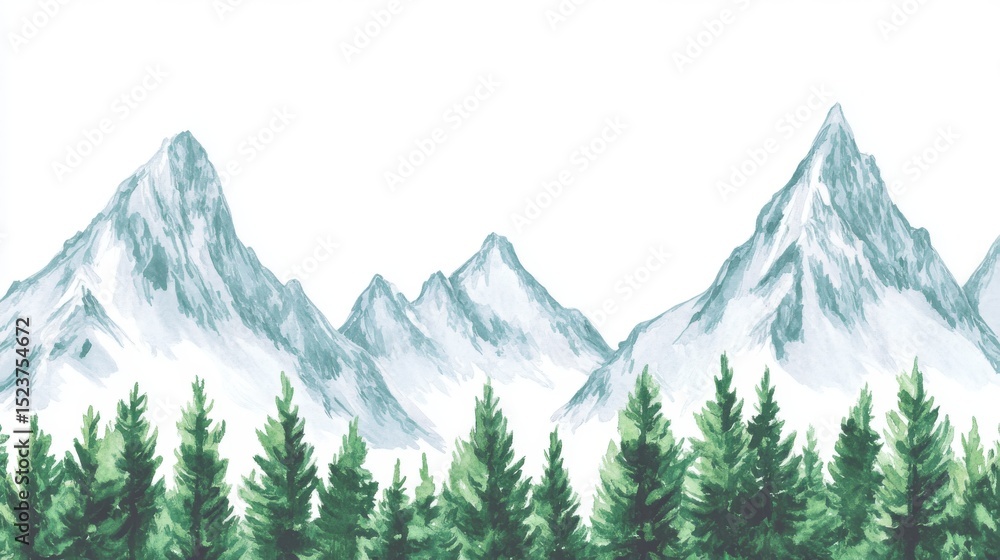 Fototapeta premium Misty mountains loom in the distance, their peaks hidden, with a verdant hillside at their base and towering pine trees standing sentinel
