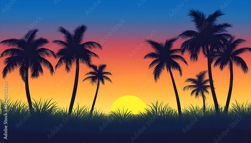 Silhouette of palm trees at tropical sunrise or sunset Silhouette of palm trees at tropical sunrise or sunset