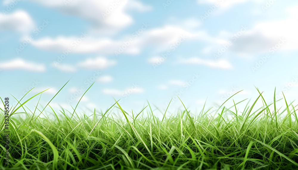 Fototapeta premium Green grass field with beautiful blue sky stretching into empty space