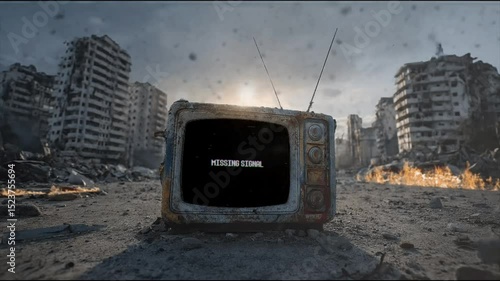 Broken green screen old vintage tv with city ruin background after apocalypse war animation looping video background