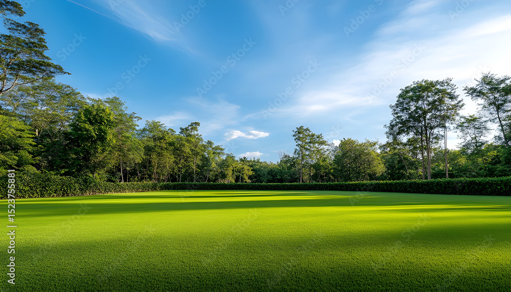 Fototapeta premium Green grass field with beautiful blue sky stretching into empty space